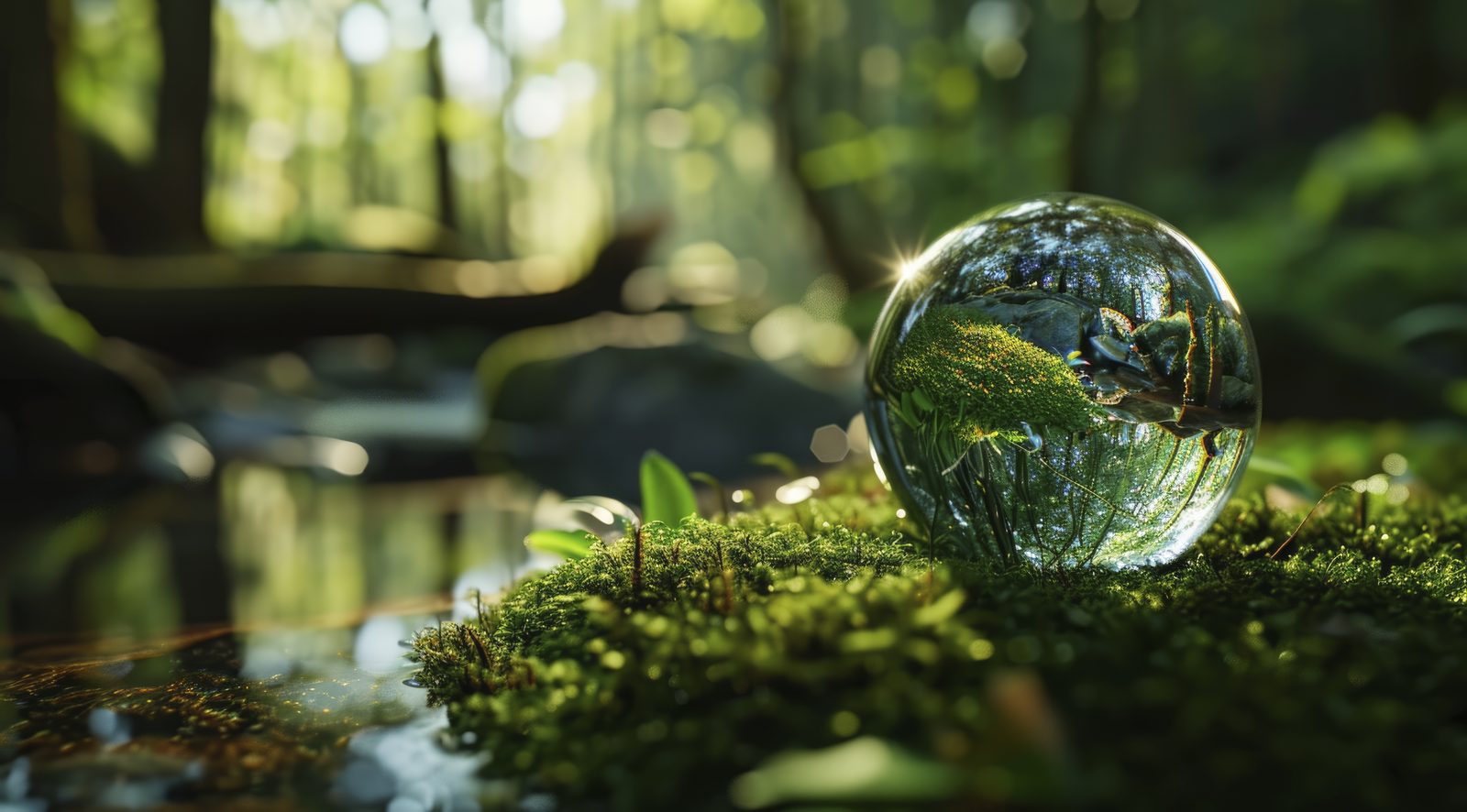 Wassertropfen mit Wald-Reflexion · Nachhaltigkeit bei PROLINQ